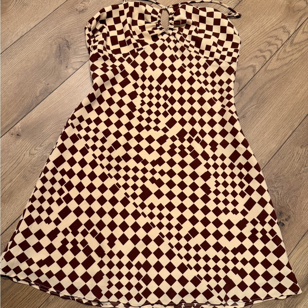Cotton Candy Strapless Checkerboard Dress in Brown and Cream